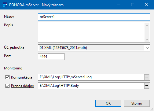 Pohoda mServer - vytvorenie